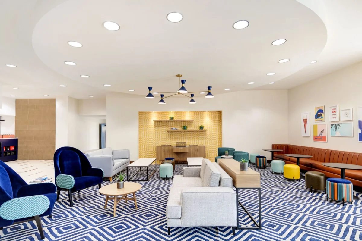 The bright, colorful lobby at Hotel Lulu